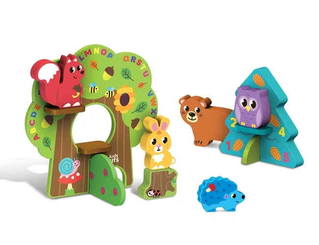 Wooden forest play set with animal cutouts, arch door, and stacking pieces