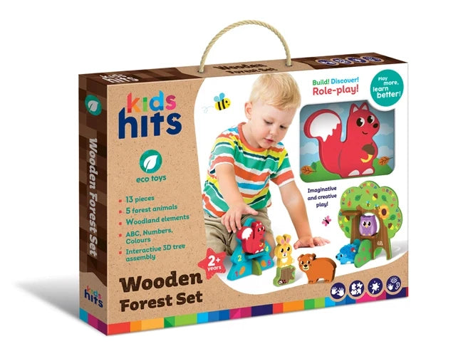 Kids wooden forest set in retail box, includes animal figures and numbered play ramp