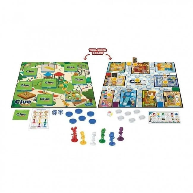 Cluedo Junior two-sided board game set with board, tokens, dice, and character pieces