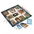 Cluedo-style board game set with game board, cards, and character tiles