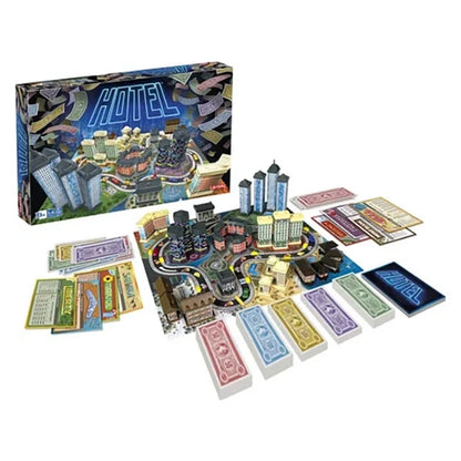 Hotel-themed business board game set with box, tiles, cards, and plastic buildings