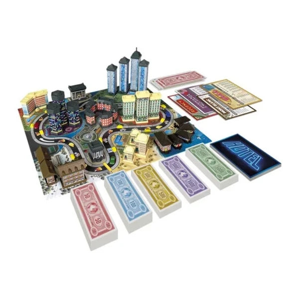 Hotel-themed business board game components: buildings, track board, and money cards