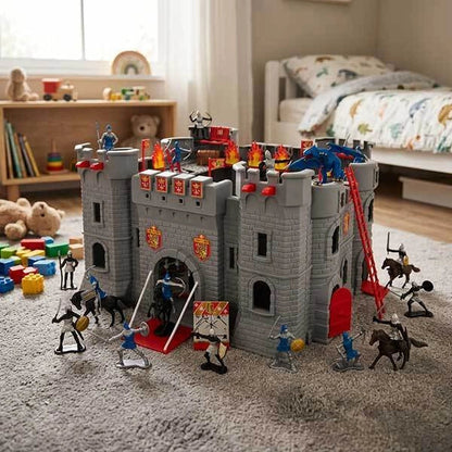 Gray medieval castle playset with drawbridge and knight and soldier figures
