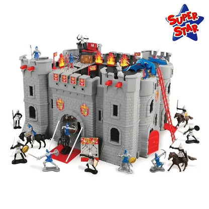 Gray medieval castle playset with blue dragon, drawbridge, and knight and soldier figures