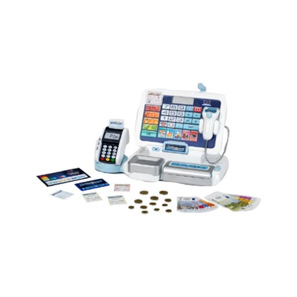 Electronic cash register with customer display, keypad, receipt drawer, and included accessories
