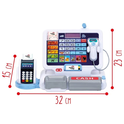 Front view electronic cash register with screen, keypad, card reader, and cash drawer