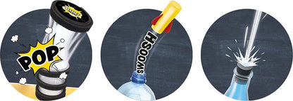 Explosive science kit close-ups: black discs with POP and bottle popper nozzle