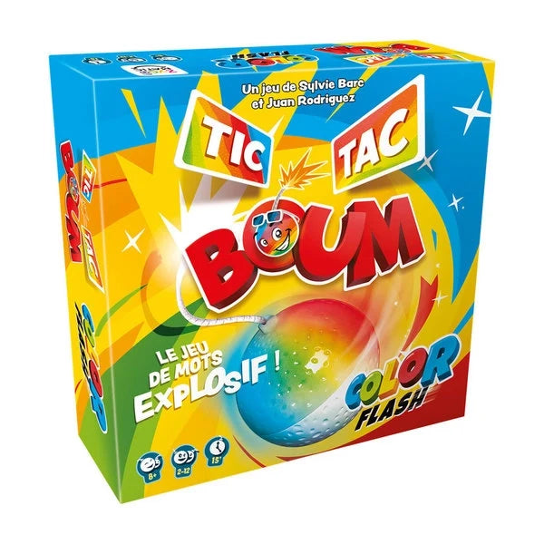 Colorful board game box with character faces and lightning graphics, “Color Flash” theme.