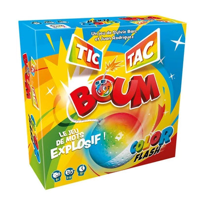 Colorful board game box with character faces and lightning graphics, “Color Flash” theme.