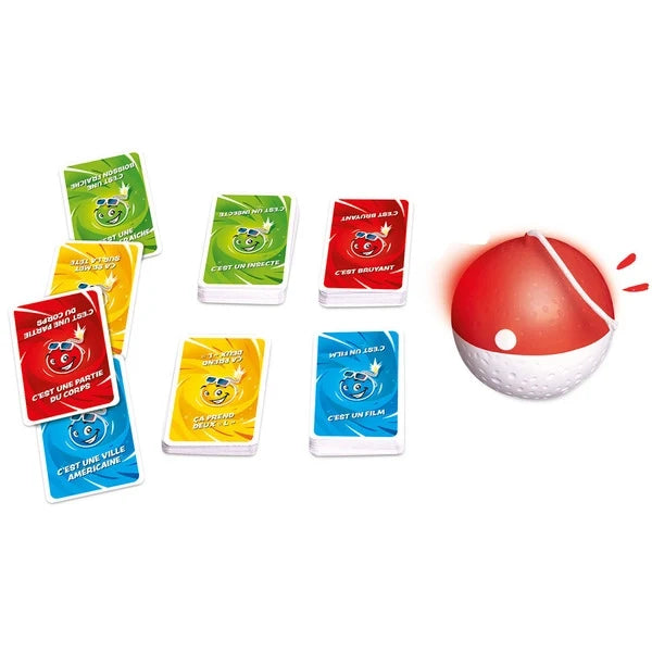 Set of game cards and a red spherical buzzer with white dots, on white background.