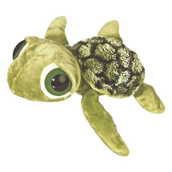 Green plush turtle toy with textured shell and large round eyes