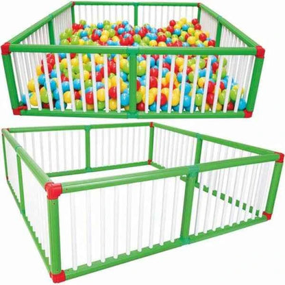 Ball pool set with green frame, white mesh panels, side view and scattered colorful balls