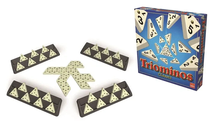 Triominos board game box with numbered black and cream tiles arranged in rows