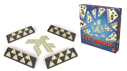 Triominos board game box with numbered black and cream tiles arranged in rows