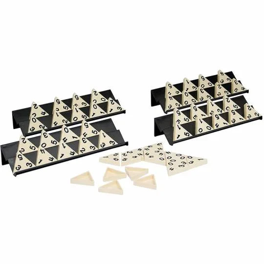 Triominos game tiles scattered, black and cream with numbered faces