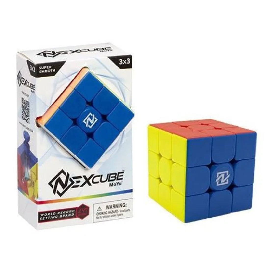 3x3 twist puzzle cube, blue tiles with orange edge, in retail box