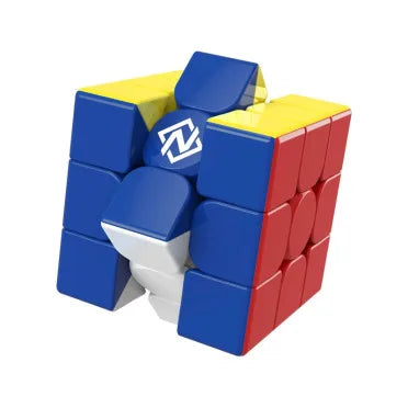3x3 twist puzzle cube showing blue, yellow, and red sides with white corner
