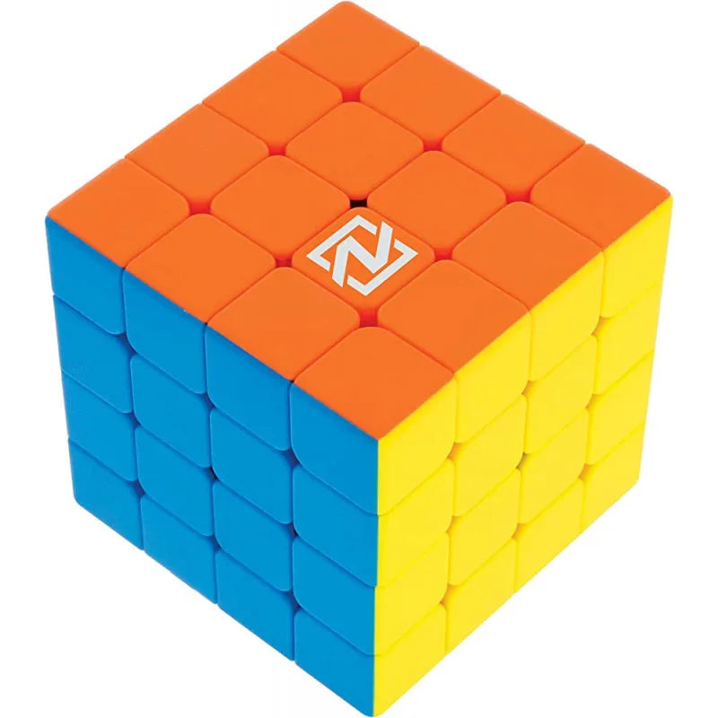 Stackable cube puzzle in orange, yellow, and blue with N logo