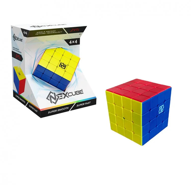 Nexcube 4x4 Rubik's-style cube with multicolor yellow, red, and blue faces.