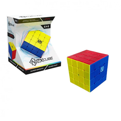 Nexcube 4x4 Rubik's-style cube with multicolor yellow, red, and blue faces.