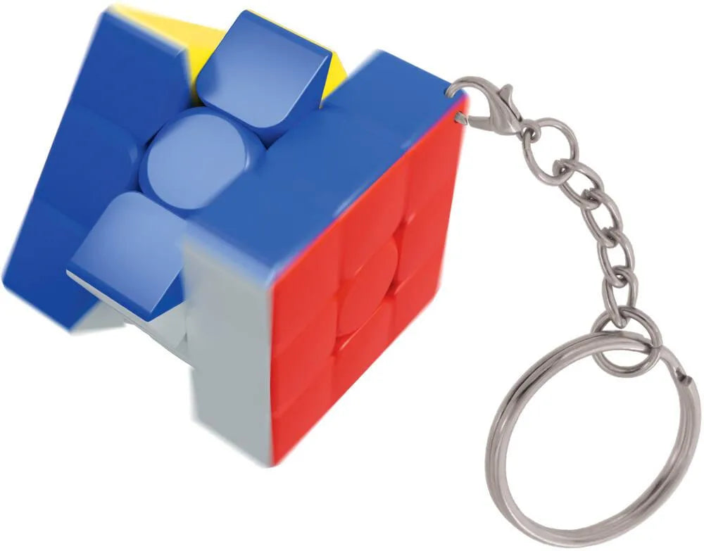 Multicolor cube keychain with silver chain and key ring, geometric puzzle design