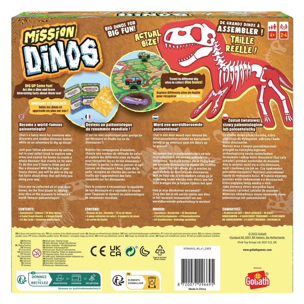 Mission Dinos board game box back with red dinosaur and bio text