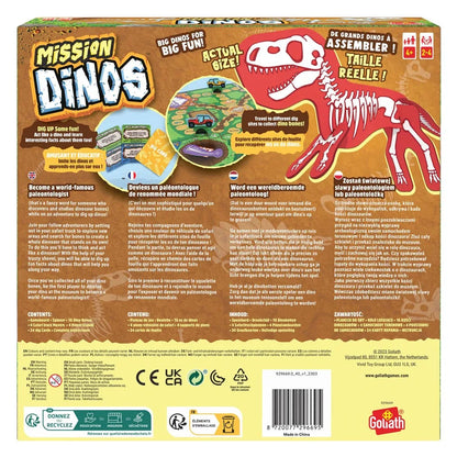 Mission Dinos board game box back with red dinosaur and bio text