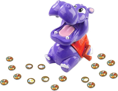 Purple hippo balancing toy with backpack and stand, with round coin tokens