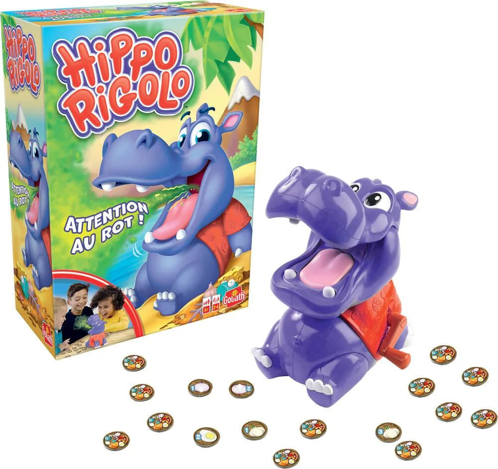 Hippo balancing game set with purple hippo toy and coin tokens, shown with box