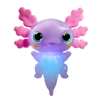 Glowing axolotl figurine, pastel purple with pink fins and blue glow