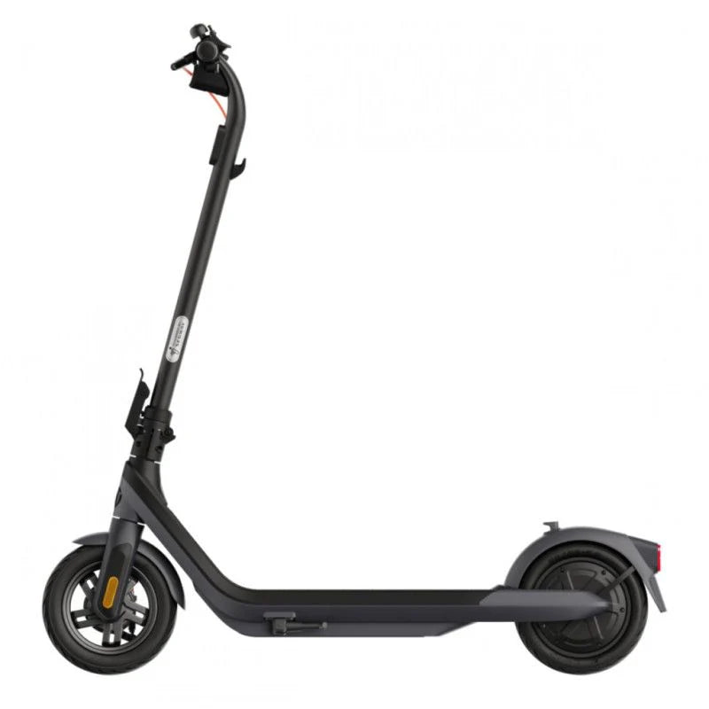 Electric kick scooter with dark gray frame and handlebar, side view