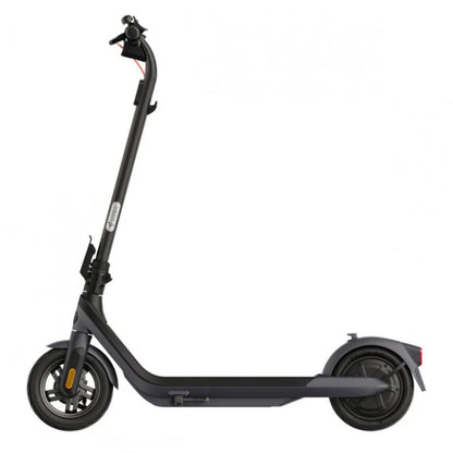 Electric kick scooter with dark gray frame and handlebar, side view