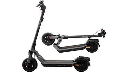 Dark electric e-scooter, side view, with dual black tires and red reflectors