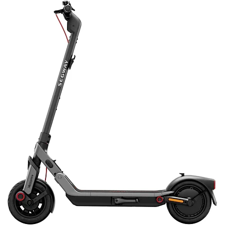 Dark gray electric e-scooter side view with red accent strip and front fender