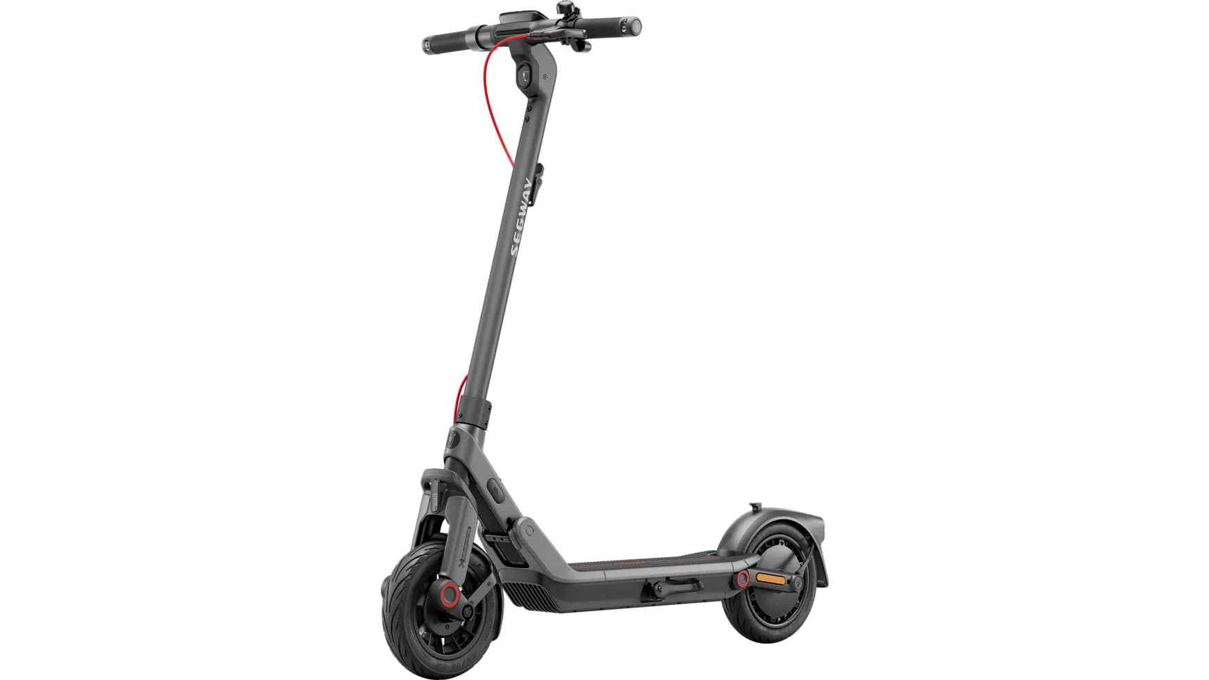 Dark gray electric e-scooter with black wheels and red accent light