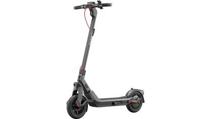 Dark gray electric e-scooter with black wheels and red accent light