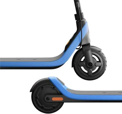 Blue kick scooter with black wheels, showing close-up of front wheel and deck