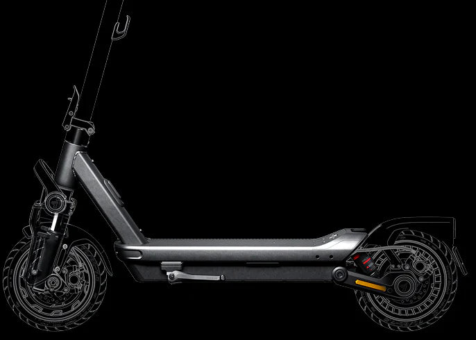 Electric kick scooter side view with both wheels, deck, and stem detail visible
