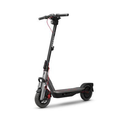 Ninebot electric kick scooter, dark frame, front headlight and handlebars visible
