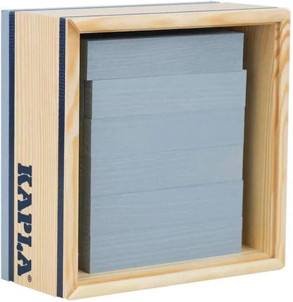 Grey plank wooden construction block with square frame and built-in panel