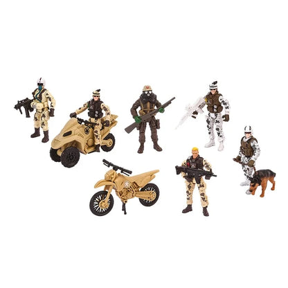 Action figure combat pack with armed soldiers, bikes, and a wheeled vehicle
