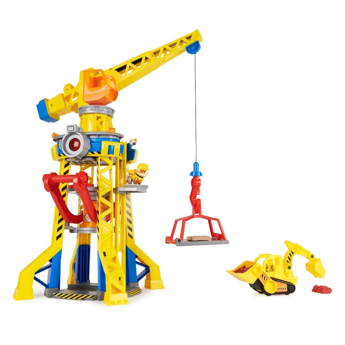 Yellow crane tower toy with red base, blue details, and hanging hook