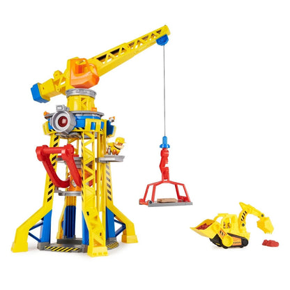 Yellow crane tower toy with red base, blue details, and hanging hook
