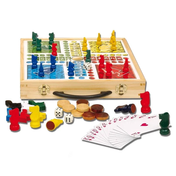 Wooden game set in light wood case with chess-style pieces, dice, and playing cards