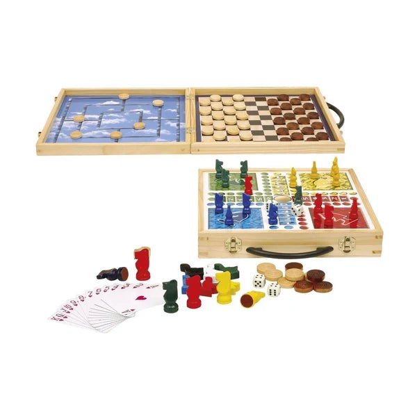 Wooden board game set with two hinged compartments, checker pieces, dice, and cards