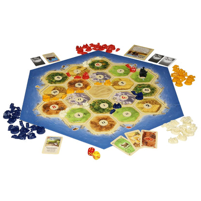Hex board game map with numbered regions, ships, and settlement tiles