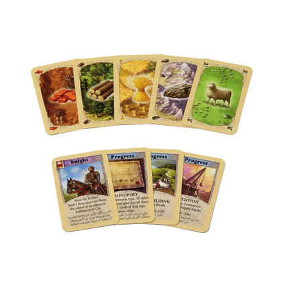 Set of illustrated game cards: resource and progress cards
