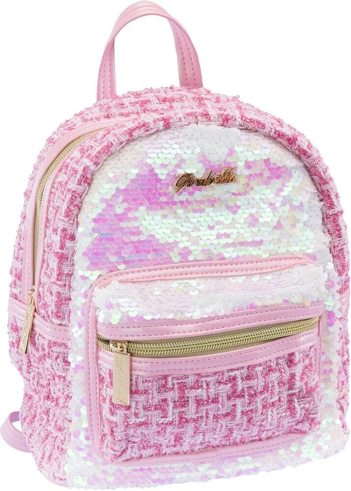 Girabrilla mini sequin tweed backpack in pink with front zip pockets and top handle