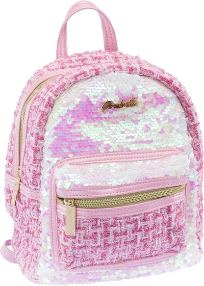 Girabrilla mini sequin tweed backpack in pink with front zip pockets and top handle
