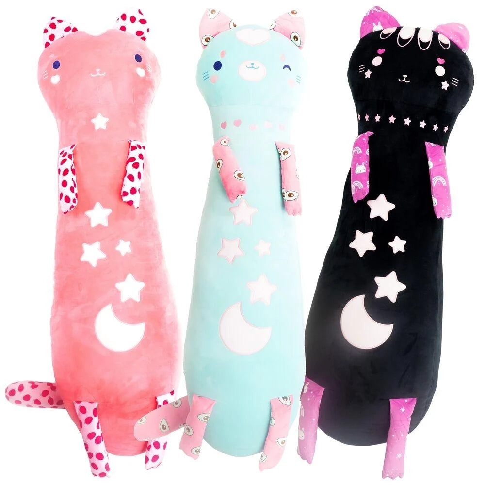 Plush collectible figure set of three animal dolls: pink, blue, and black with moons